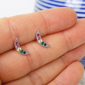 new in box! 925 sterling dainty rainbow crescent moon post multicolor stones